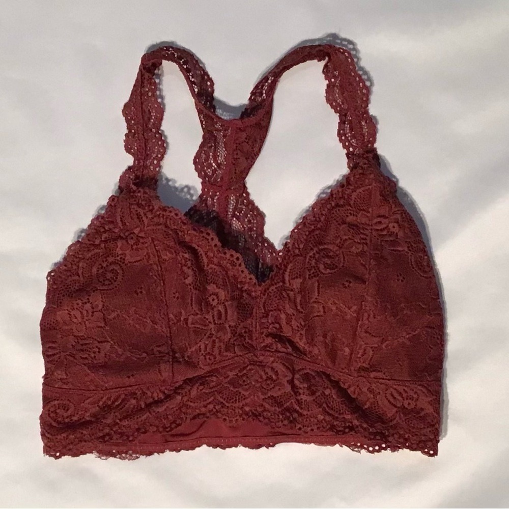 Seeded & Sewn Burgundy‎ Lace Bralette Size M – Racerback Sheer Padded Crop Top